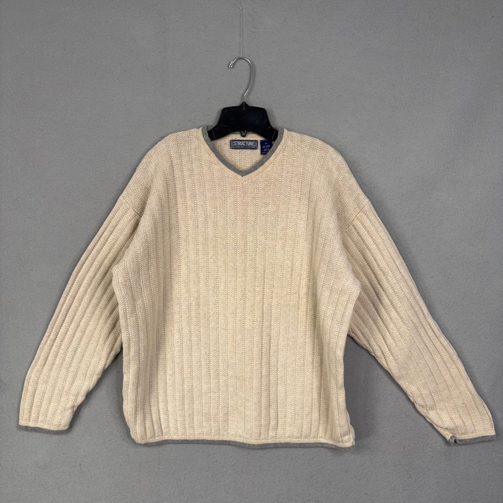 Vintage Structure Sweater Mens Medium Beige Ribbed Knit V-Neck Cotton 90s